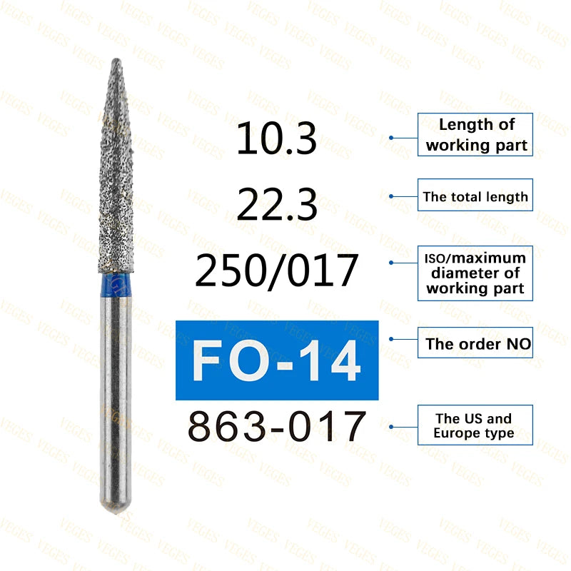 FO Type 10Pcs Dental Diamond Bur Stainless Steel Bur FG 1.6mm for High Speed Handpiece Polishing Teeth