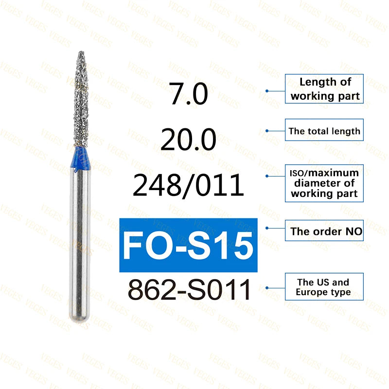 FO Type 10Pcs Dental Diamond Bur Stainless Steel Bur FG 1.6mm for High Speed Handpiece Polishing Teeth