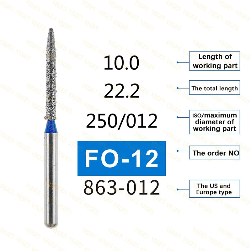 FO Type 10Pcs Dental Diamond Bur Stainless Steel Bur FG 1.6mm for High Speed Handpiece Polishing Teeth