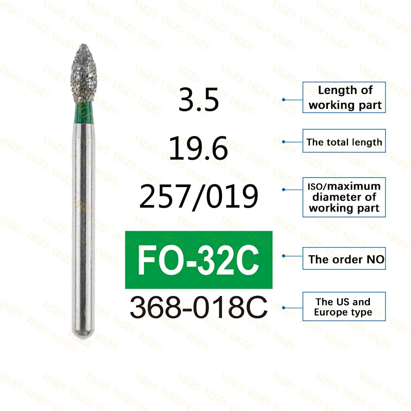 FO Type 10Pcs Dental Diamond Bur Stainless Steel Bur FG 1.6mm for High Speed Handpiece Polishing Teeth