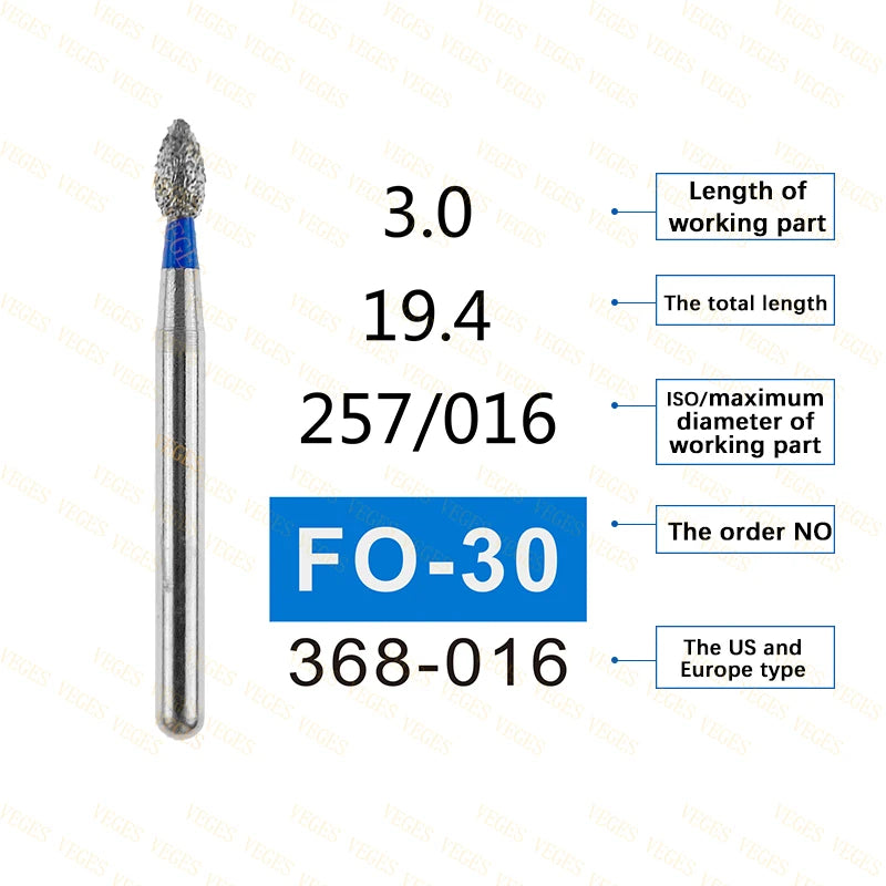 FO Type 10Pcs Dental Diamond Bur Stainless Steel Bur FG 1.6mm for High Speed Handpiece Polishing Teeth