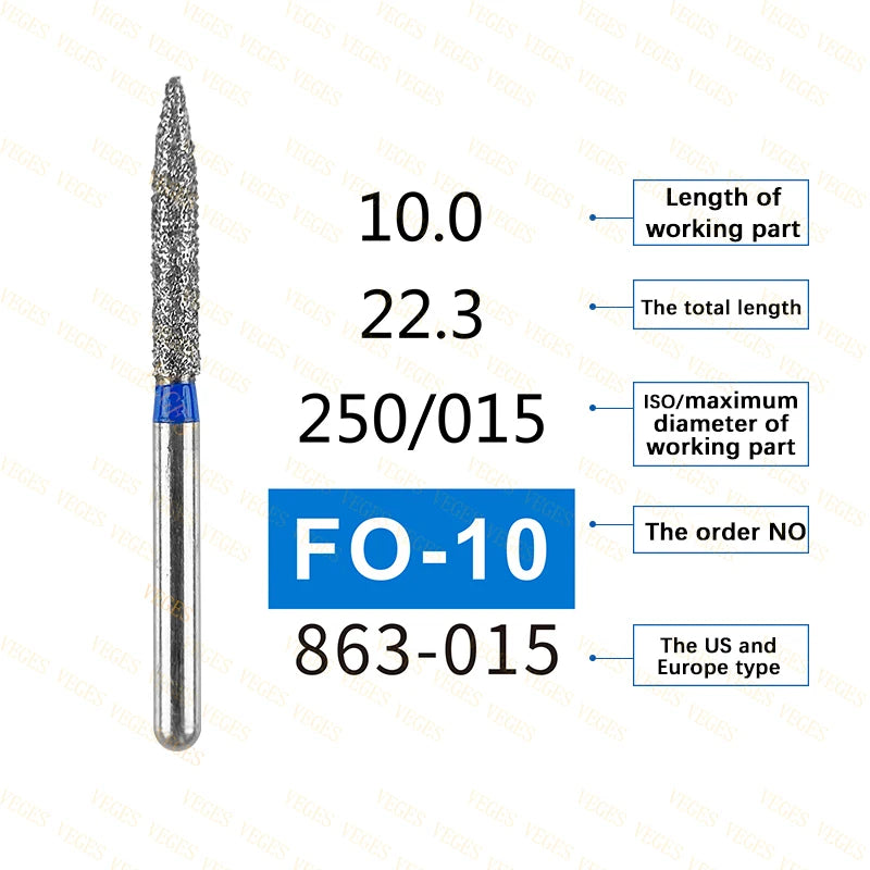 FO Type 10Pcs Dental Diamond Bur Stainless Steel Bur FG 1.6mm for High Speed Handpiece Polishing Teeth