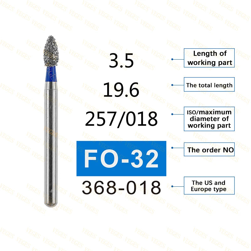 FO Type 10Pcs Dental Diamond Bur Stainless Steel Bur FG 1.6mm for High Speed Handpiece Polishing Teeth