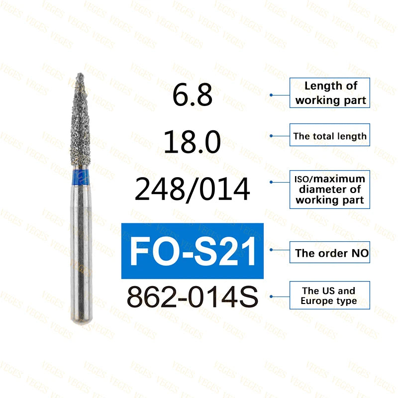 FO Type 10Pcs Dental Diamond Bur Stainless Steel Bur FG 1.6mm for High Speed Handpiece Polishing Teeth