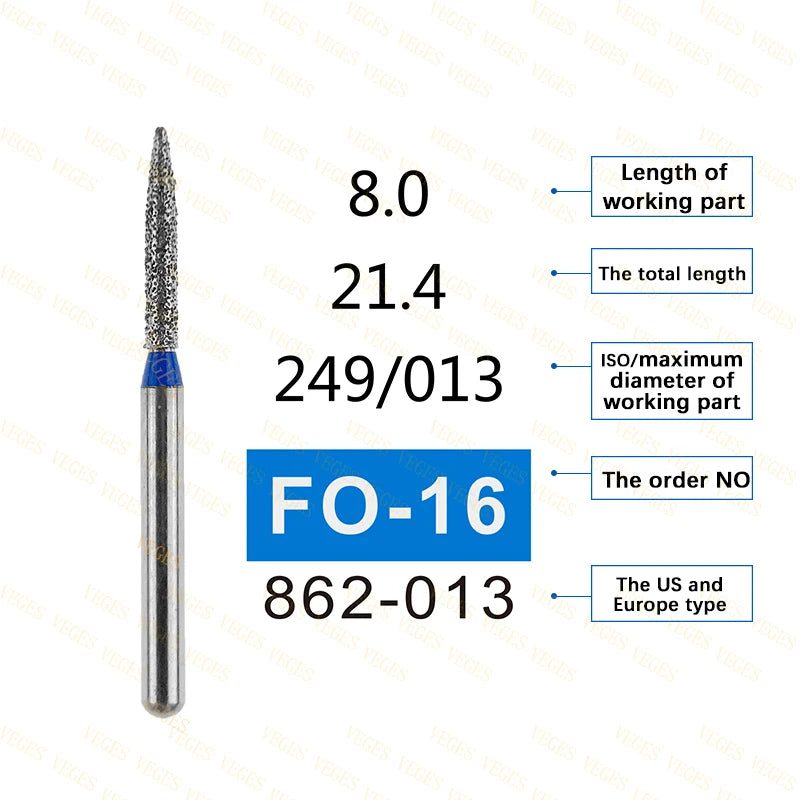 FO Type 10Pcs Dental Diamond Bur Stainless Steel Bur FG 1.6mm for High Speed Handpiece Polishing Teeth