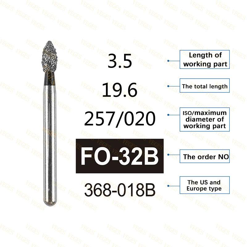 FO Type 10Pcs Dental Diamond Bur Stainless Steel Bur FG 1.6mm for High Speed Handpiece Polishing Teeth