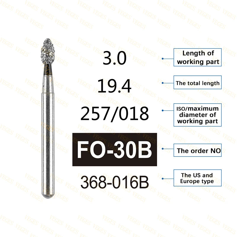 FO Type 10Pcs Dental Diamond Bur Stainless Steel Bur FG 1.6mm for High Speed Handpiece Polishing Teeth